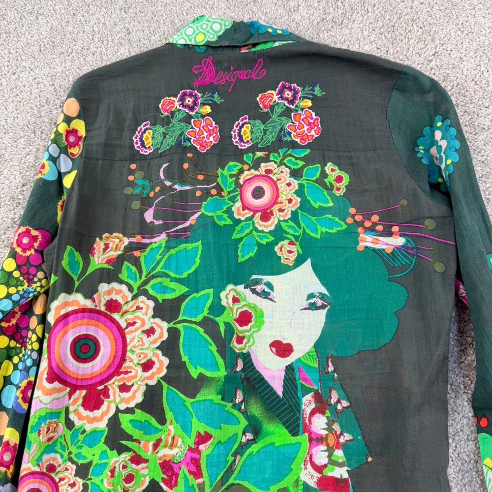 Desigual Button Down Shirt Womens S Green Floral Geisha Print Boho Top Indie